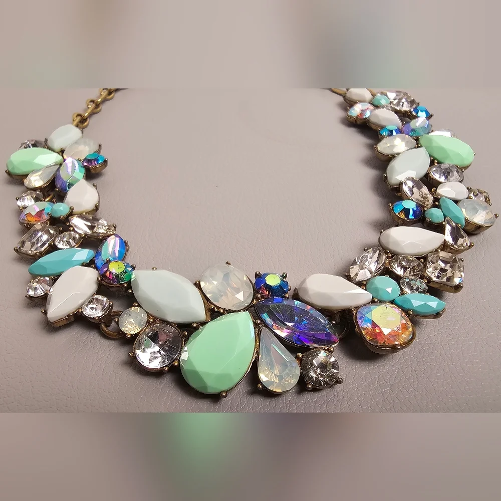 [J. Crew] Cluster Statement Necklace Mint Green, Gray White & Iridescent Stones